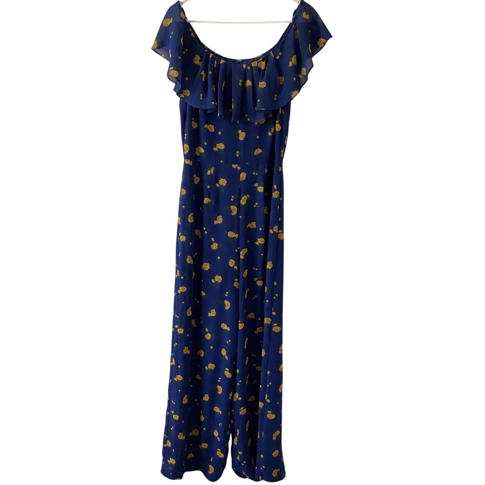 Betsey Johnson Blue Yellow Floral Wide‎ Leg Jumpsuit Ruffle Off Shoulder Size 6 - Picture 8 of 12